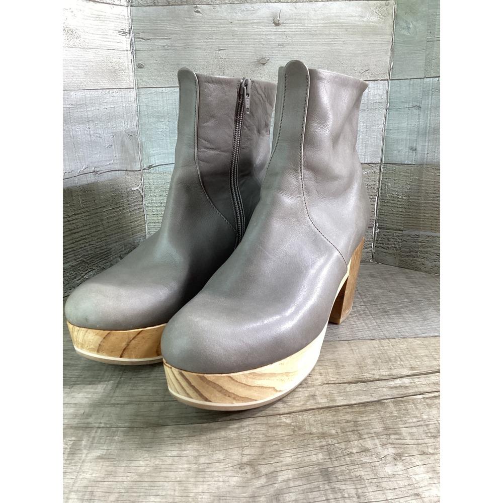 Coclico Grey Leather Wooden Platform Ankle Boots Side Zip Block Heel Size 40